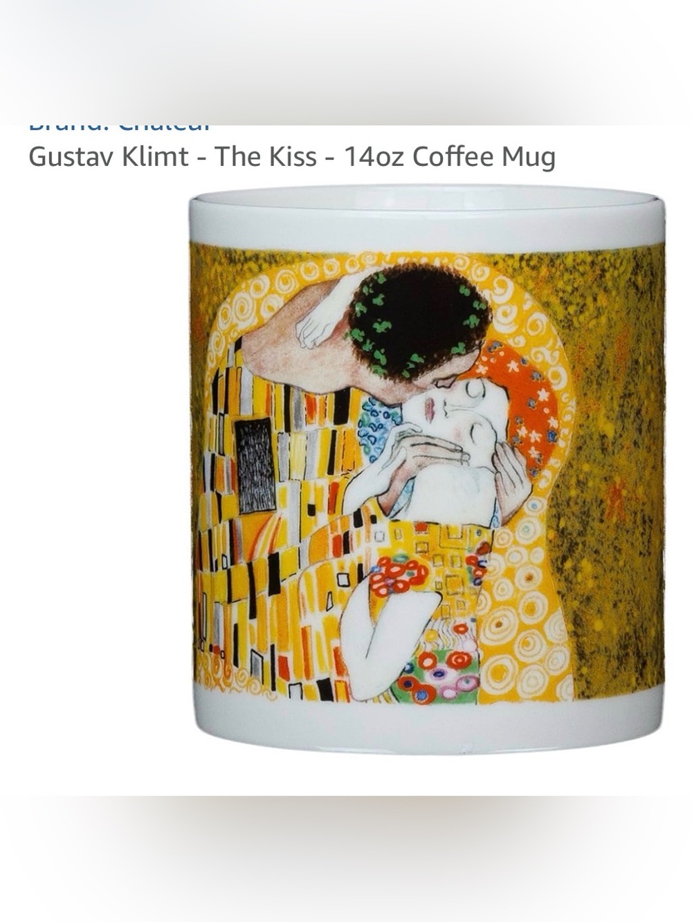 J. Burrows, Klimt Print Coffee Mug Featuring 'The Kiss' Motif in Gold and White - Picture 2 of 8